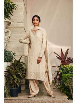 Bohame - Avisa Beige Mirror Work & Chikankari Embroidered Kurta with Salwar & Dupatta (Set of 3)