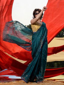 CHARUKRITI - Teal Cotton Blend Handwoven Zari Buttas and Motifs Saree with Unstitched Blouse