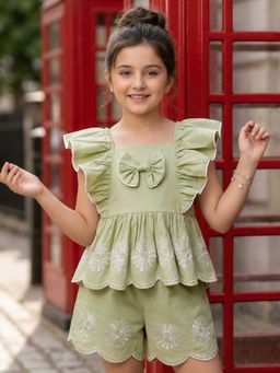 Arias by LARA DUTTA - Girls Cotton Top and Shorts with Scallop Embroidery Co-Ord Set