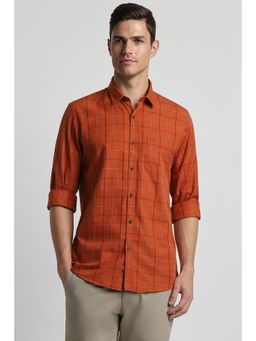 Peter England - Men Orange Slim Fit Check Full Sleeves Casual Shirt