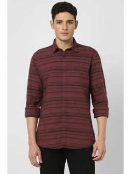 Peter England - Men Maroon Slim Fit Stripe Full Sleeves Casual Shirt