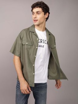 American Eagle - Men Green Linen-Blend Button-Up Poolside Shirt