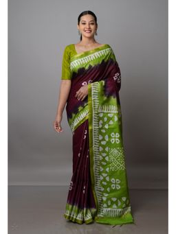Unnati Silks - Wine & Green Pure Batik Chanderi Silk Saree with Unstitched Blouse