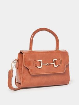 Styli - Women's Brown Textured Gold Snaffle Detail Sling Bag