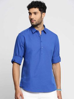SHOWOFF - Men's Shirt Collar Long Sleeves Blue Solid Casual Short Kurta