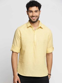 SHOWOFFFF - Men's Shirt Collar Long Sleeves Yellow Striped Casual Short Kurta