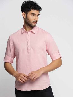 SHOWOFF - Men's Shirt Collar Long Sleeves Pink Solid Casual Short Kurta