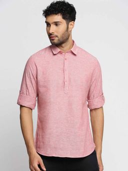 SHOWOFF - Men's Shirt Collar Long Sleeves Pink Solid Casual Short Kurta