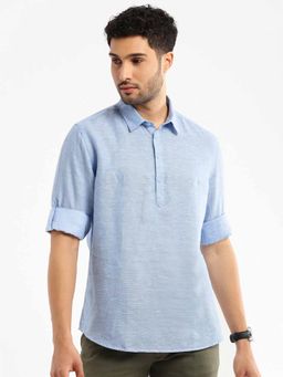 SHOWOFF Men's Shirt Collar Long Sleeves Blue Solid Casual Short Kurta