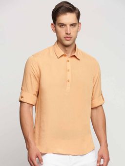 SHOWOFFFF - Men's Shirt Collar Long Sleeves Orange Solid Casual Short Kurta