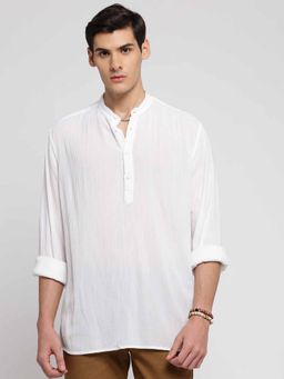 SHOWOFFFF - Men's Mandarin Collar Long Sleeves White Solid Casual Short Kurta