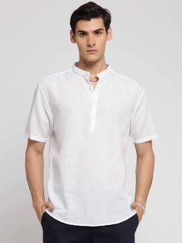 SHOWOFFFF - Men's Mandarin Collar Short Sleeves White Solid Casual Short Kurta