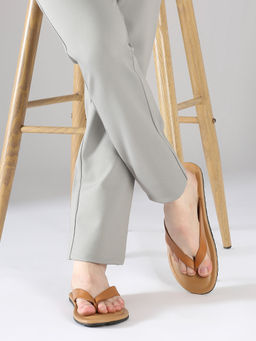 PRIVO - Mens Tan Solid Round Toe Flat Leather Sandals