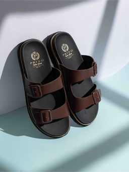 PRIVO - Mens Brown Solid Round Toe Flat Leather Sandals