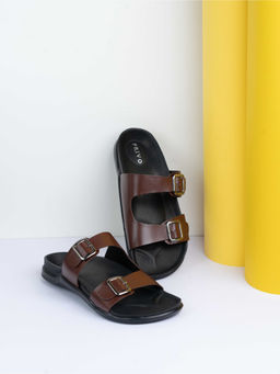 PRIVO - Mens Brown Solid Round Toe Flat Leather Sandals