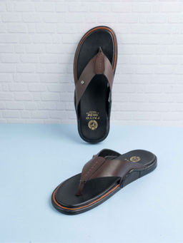 PRIVO - Mens Brown Solid Round Toe Flat Leather Sandals