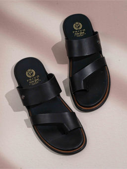 PRIVO - Mens Black Solid Round Toe Flat Leather Sandals