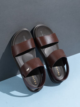 PRIVO - Mens Brown Solid Round Toe Flat Leather Sandals