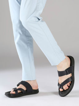 PRIVO - Mens Blue Solid Round Toe Flat Leather Sandals