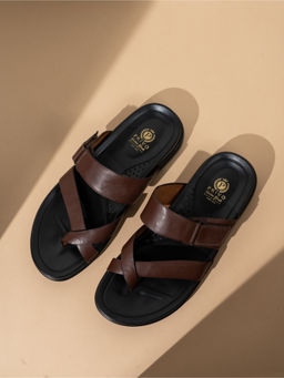 PRIVO - Mens Brown Solid Round Toe Flat Leather Sandals