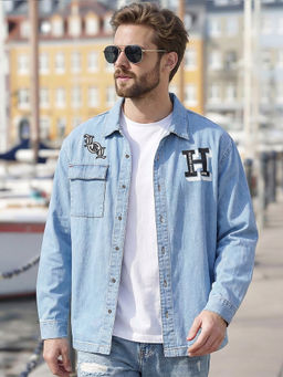 Bewakoof - Mens Ice Blue Typography Oversized Denim Jacket