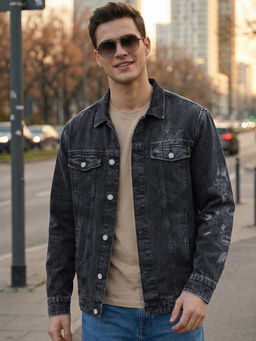 Bewakoof - Mens Black Graphic Printed Oversized Acid Wash Denim Jacket