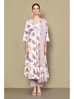 Miravan - Women's Lavender Floral Print Anarkali Kurta with Pant & Dupatta (Set of 3)