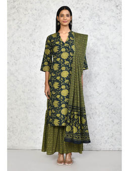 Miravan - Women's Cotton Floral Straight Kurta & Sharara with Dupatta (Set of 3)