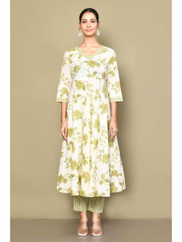 Miravan - Women's Green Printed Pure Cotton Anarkali Kurta with Pant (Set of 2)