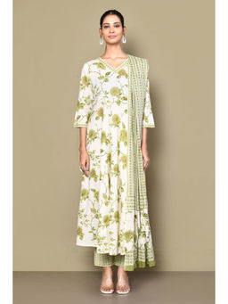 Miravan - Women's Green Printed Anarkali Kurta with Pant And Dupatta (Set of 3)