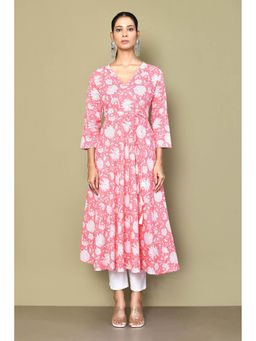 Miravan - Women's Cotton Floral Printed Pink Angarkha Kurta