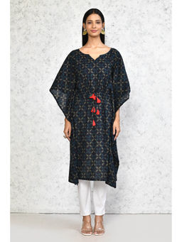Miravan - Women's Navy Blue Printed Flared Sleeves Kaftan Kurta
