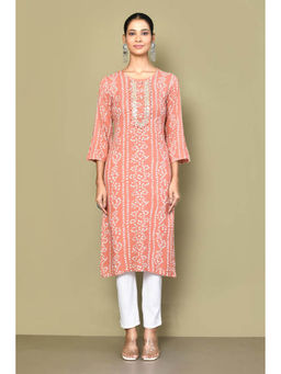 Miravan - Women's Printed & Embroidered Straight Rayon Peach Kurta