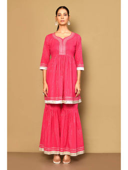 Miravan - Women's Pink Stripes A-Line Gotta Patti Lurex Cotton Kurti with Sharara (Set of 2)