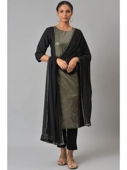 W - Black Printed Kurta with Slim Pants & Dupatta (Set of 3)