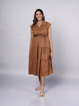 French Theory - Brown Solid Shirt Dress with Belt