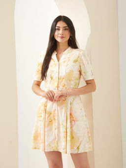 Latin Quarters - Women Multi-Color Mandarin Short Sleeves Floral Casual Dress