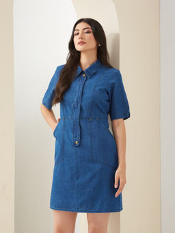 Latin Quarters - Women Blue Collared Half Sleeves Solid Casual Dress