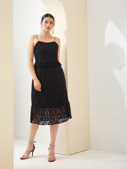 Latin Quarters - Women Black Sleeveless A-Line Self Design Casual Dress