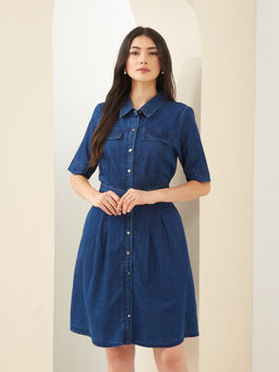 Latin Quarters - Women Blue Collared Half Sleeves Solid Casual Dress