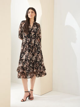 Latin Quarters - Women Black Fit and Flare Floral Casual Dress