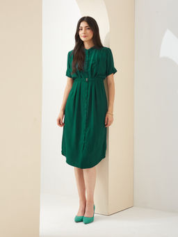 Latin Quarters - Women Green Half Sleeves Shirt Solid Casual Dress