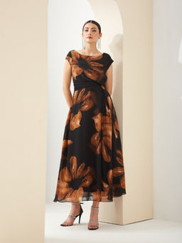 Latin Quarters - Women Black Boat Neck Short Sleeves A-Line Floral Party Dress