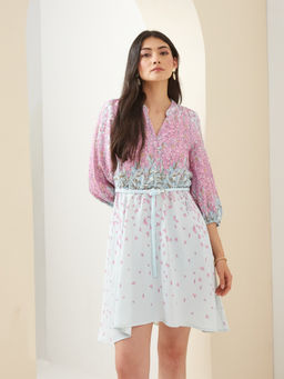 Latin Quarters - Women Pink Mandarin Collar Fit and Flare Floral Casual Dress with Belt