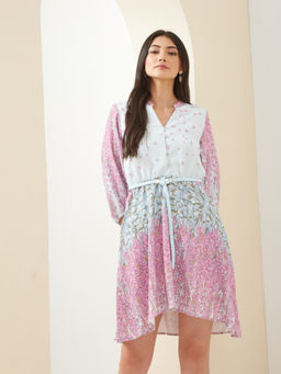 Latin Quarters - Women Pink Mandarin Collar Fit and Flare Floral Casual Dress with Belt