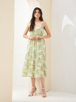 Latin Quarters - Women Green Sleeveless A-Line Floral Casual Dress