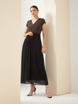 Latin Quarters - Women Black V-Neck Short Sleeves A-Line Solid Party Dress