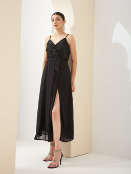 Latin Quarters - Women Black V-Neck Sleeveless A-Line Sequined Party Dress