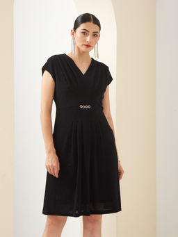 Latin Quarters - Women Black V-Neck Short Sleeves A-Line Solid Party Dress