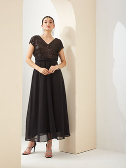 Latin Quarters - Women Black V-Neck Short Sleeves A-Line Sequined Party Dress